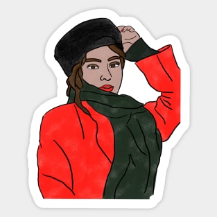 Lady in red coat with black hat, digital portrait painting. Sticker